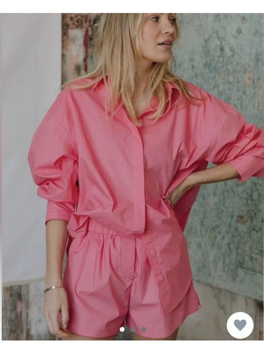 Daily Drills Womens Poplin Set Oversized Button Shirt M/L Boxer Shorts L Pink